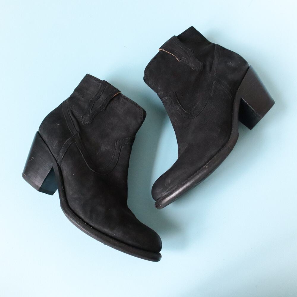 Frye Lillian Black Suede Leather Block Heel Western Booties Size US 9.5